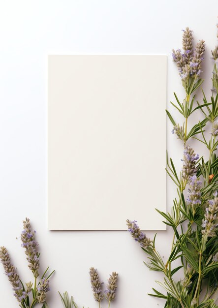 Photo a blank card mockup on a bed of rosemary and thyme for a fragrant and herbal event invitation