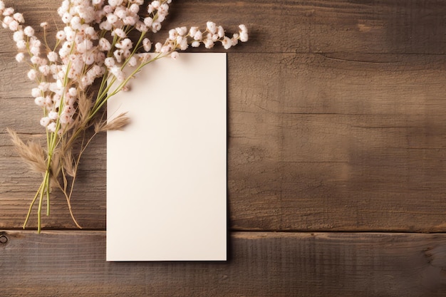 Photo a blank card mockup on a rustic wooden table perfect for a country wedding invitation romantic