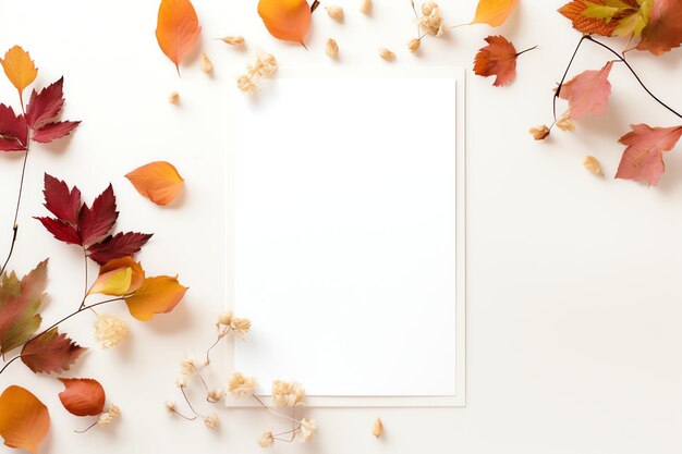 Foto un modello di carta bianca con foglie autunnali sparse per un invito ispirato all'autunno minimale romantico
