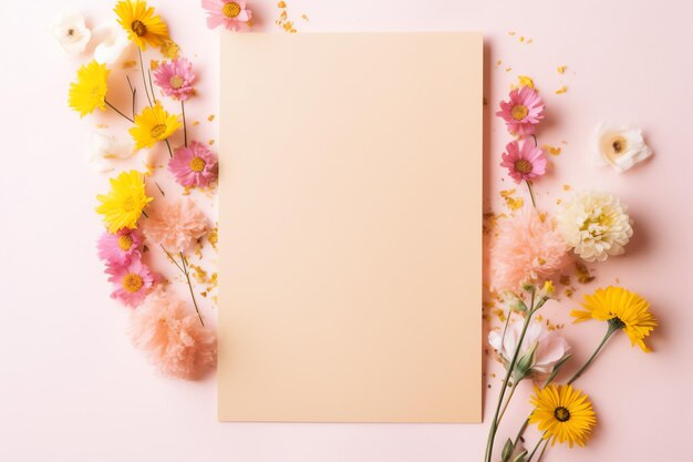 노란색 과 분홍색 의 여름 꽃 을 가진 빈 카드 모 ⁇  은 현대적 이고 유행적 인 초대문 이다