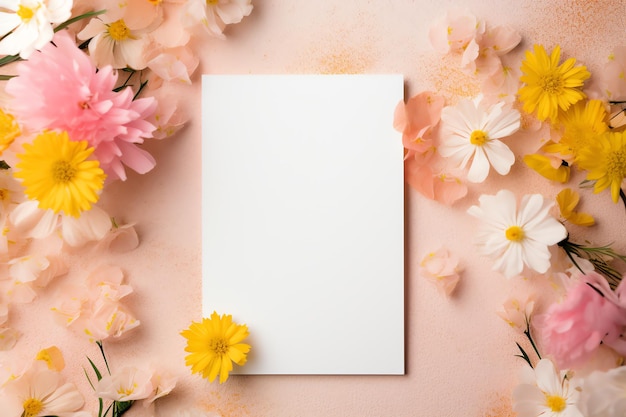 黄色とピンクの色の夏の花で空白のカードのモックアップ ⁇ 近代的でトレンディな招待状