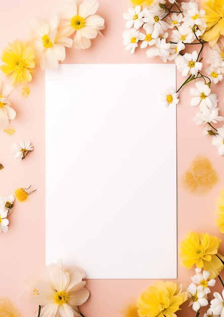 Photo a blank card mockup with summer flowers in yellow and pink colors modern and trendy invitation