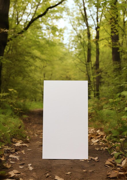 A blank card mockup with a view of a tranquil forest for a rustic and natural event invitation