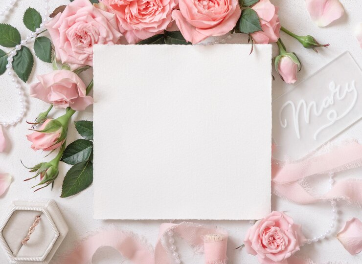 Photo ピンクのバラの近くの白いカード 婚約指輪とシルクのリボン トップビュー 結婚式のモックアップ