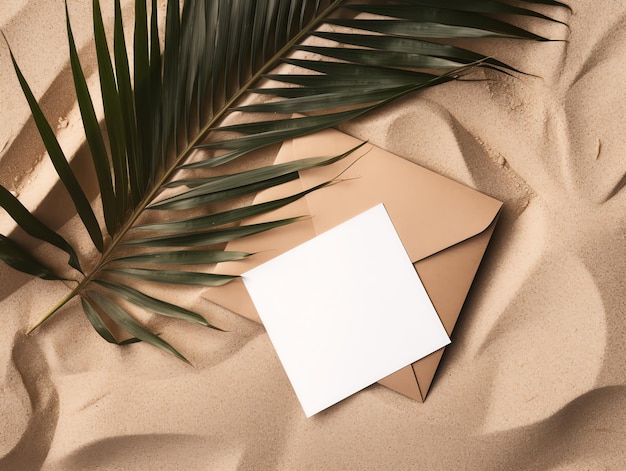 A blank card on the sand with a palm leaf