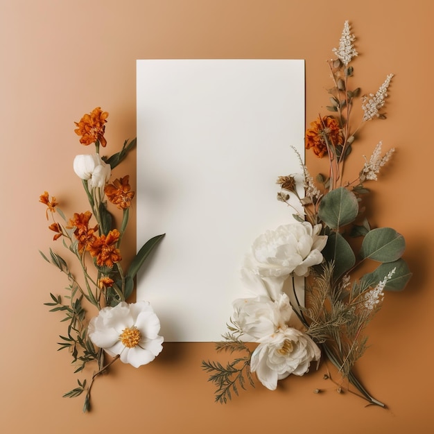 blank card surrounded by bouquet flowers