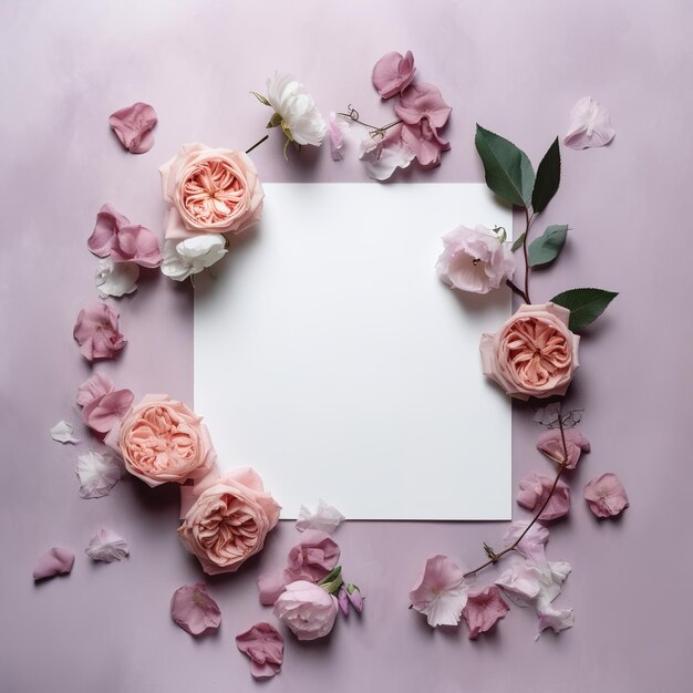 blank card surrounded by bouquet flowers