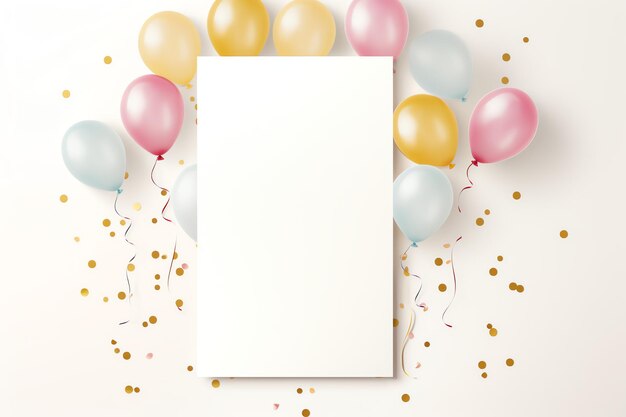 A blank card surrounded by colorful balloons for a festive celebration invitation Romantic minimal