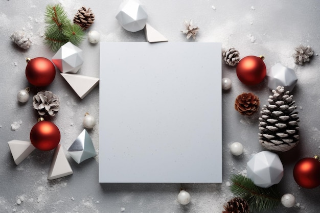 写真 クリスマスの装飾や松の<unk>で囲まれた白いカード