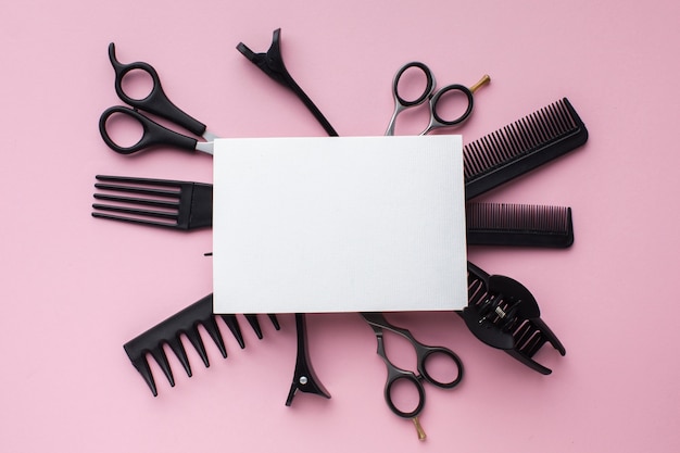 blank card surrounded by hair tools