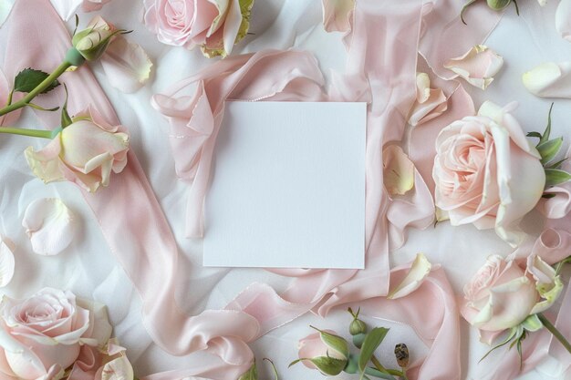 Фото Пустая карточка, окруженная светло-розовыми бутонами розы и шелковыми лентами.