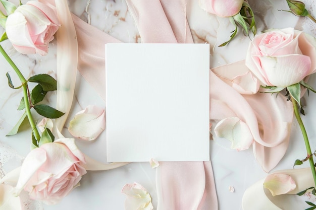 Blank card surrounded by light pink roses buds and silk ribbons