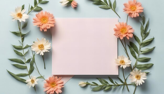 Фото blank card with a pink background and a bunch of flowers surrounding it