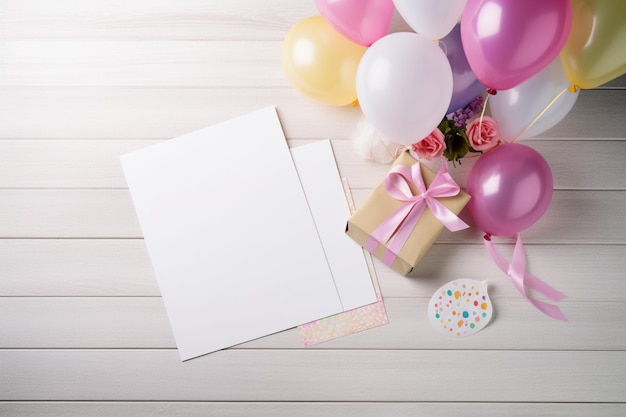 A blank card with a bunch of balloons and a gift box on a white wooden table.