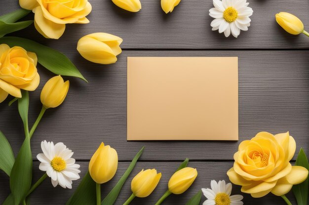 Blank Card with Yellow Tulips and Roses