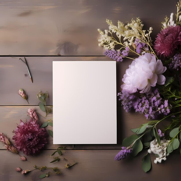 Photo blank card on wooden background with flowers