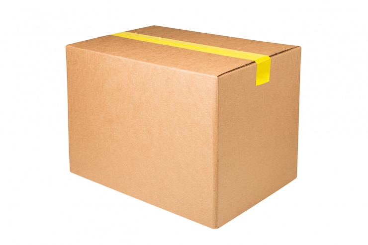 Photo blank cardboard box with yellow sticky tape isolated on white space.