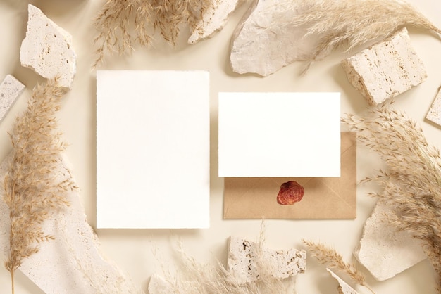 Blank cards near beige travertine stones and dried pampas grass top view greeting mockup