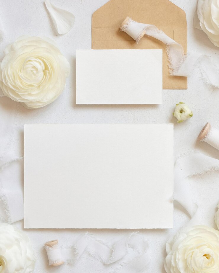 Photo クリーム色のバラと白いシルクのリボンの近くの空白のカードの上面図結婚式のモックアップ