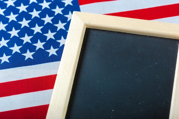 Blank chalk board with American Flag