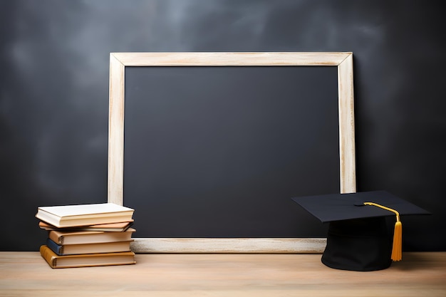 新しい学習の冒険の始まりを象徴する本と卒業帽が描かれた空の黒板