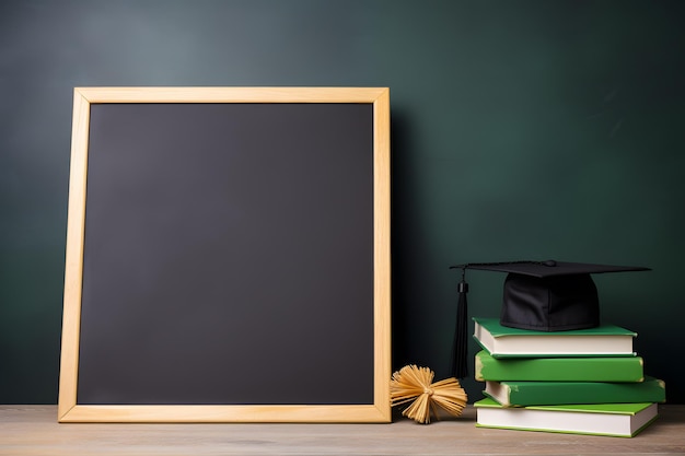 Blank chalkboard with a books and and graduation cap symbolizing start of a new learning adventure