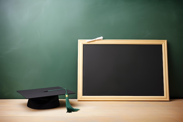 Blank chalkboard with a books and and graduation cap symbolizing start of a new learning adventure