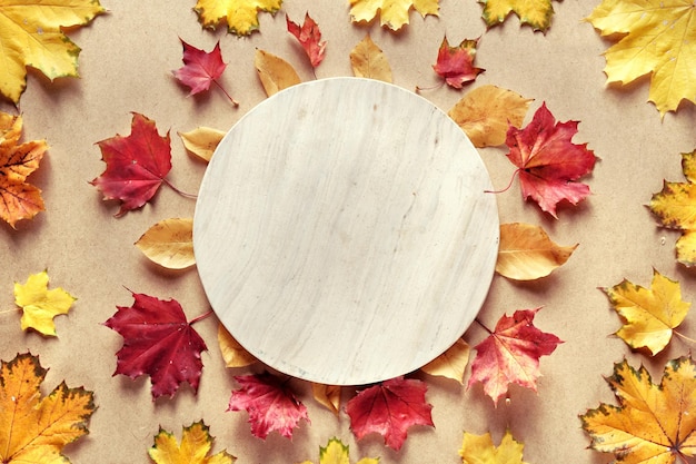 Blank circle stone pedestal Dry Fall leaves on cardboard background