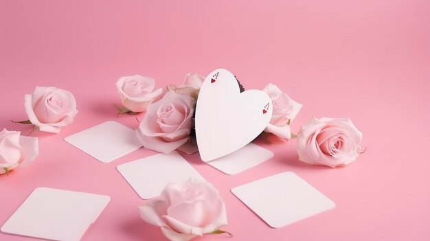 Blank circular platform for product presentation with paper roses on pink background copy space vertical photo generate ai