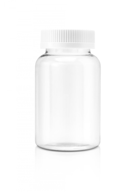 Blank clear plastic supplement bottle isolated on white background