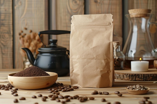 빈 커피 패키지: 나무 바탕에 커피 포장 모형 생성 인공지능