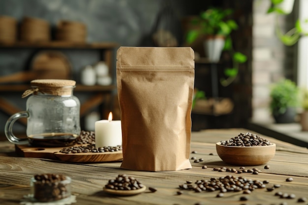 Blank coffee packaging coffee packaging mockup on a wooden background generative AI