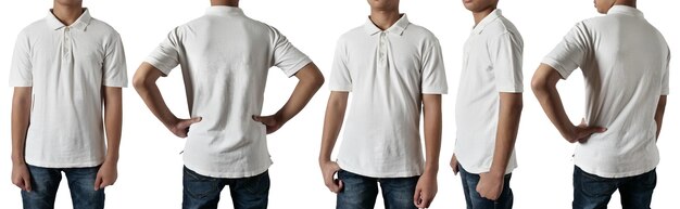 Blank collared polo shirt mock up template front and back teenage male model wear white tshirt