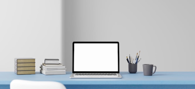 Пустой экран ноутбука и различные предметы на рабочем столе в домашнем офисе 3D иллюстрация ренеринга