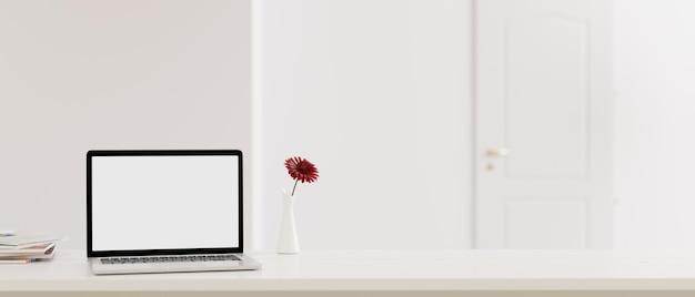 Blank computer laptop screen and various items on desktop workspace in home office room 3D renering illustration