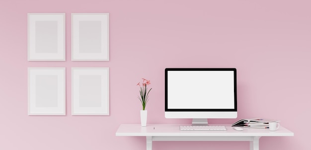 Blank computer screen and various items on desktop workspace with picture frame in home office room 3D renering illustration