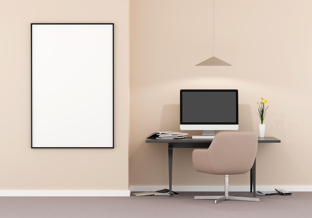 Blank computer screen and various items on desktop workspace with picture frame in home office room 3D renering illustration