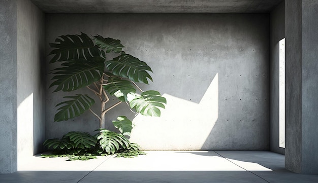 Blank concreate wall monstea sun light mockup 3d