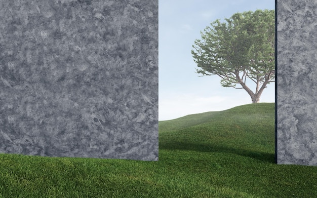 Blank concrete wall on grass field 3d rendering of exterior space with landscape background