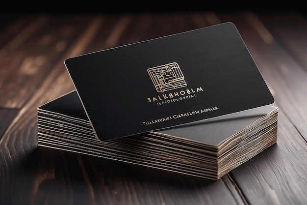 Blank corporate identity business card and stack on black stylish wood background with blur template