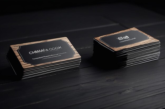 Blank corporate identity business card and stack on black stylish wood background with blur template