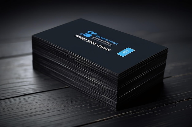 Blank corporate identity business card and stack on black stylish wood background with blur template