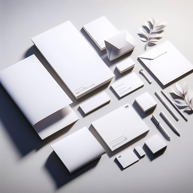 Blank corporate stationery set mockup with envelopes business cards folder trifold brochure pape