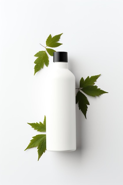 Фото Пустая косметическая бутылка с зелеными листьями на белом фоне