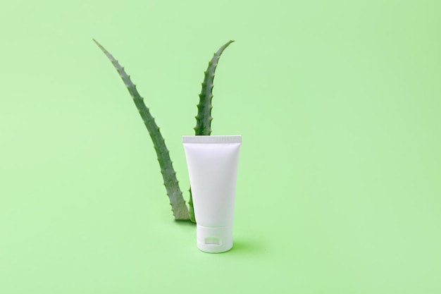 Blank cosmetics tube with aloe vera on backgroundOrganic cosmetic concept