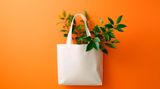 Blank cotton white shopper tote bag on green and orange background with plants Generative AI