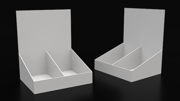 Photo blank counter top product display and cardboard gondola shelf mockup template 3d illustration