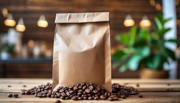 Blank craft paper bag with coffee beans on wooden table Blurred natural backdrop Mockup