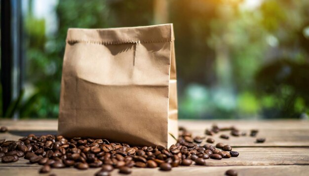 Blank craft paper bag with coffee beans on wooden table Blurred natural backdrop Mockup