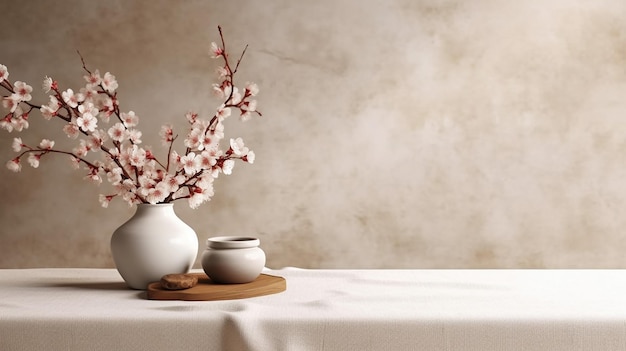 Blank cream fabric tablecloth on table counter podium Generative AI